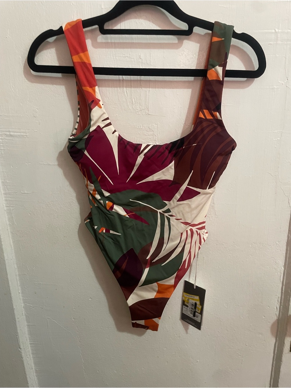 Tropical Leaf One-Piece Swimsuit in Burgundy, Green & Cream